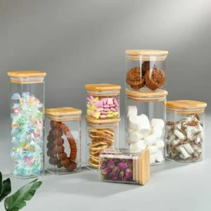 Luxury Glass Food Storage Jars with Bamboo Lid Capacity for Tea Candy Cookies Packaging