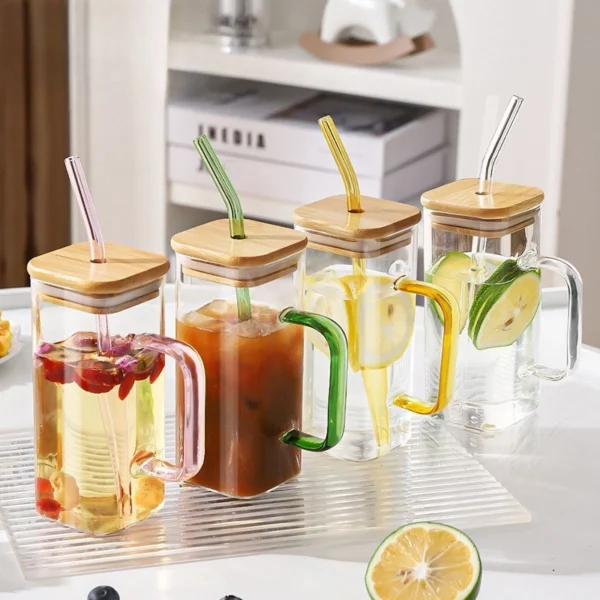 Glass Water Bottle Square Coffee Cup Juice Milk Cup with Lid and Straw - Image 2