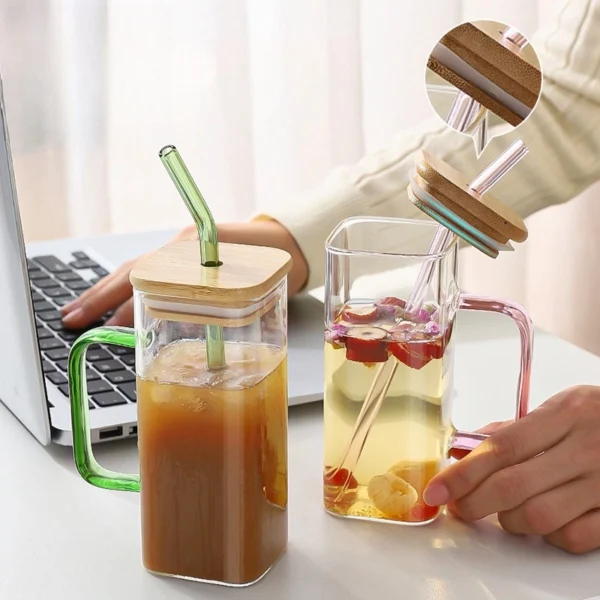 Glass Water Bottle Square Coffee Cup Juice Milk Cup with Lid and Straw - Image 3