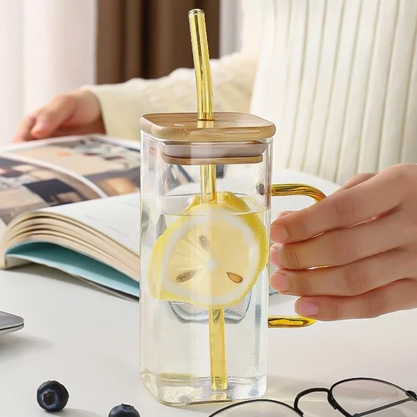 Glass Water Bottle Square Coffee Cup Juice Milk Cup with Lid and Straw - Image 4