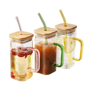 Glass Water Bottle Square Coffee Cup Juice Milk Cup with Lid and Straw