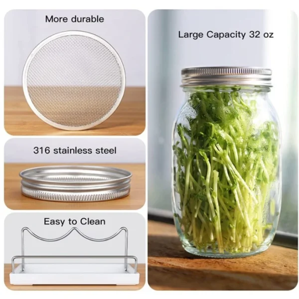 Wide Mouth Glass Sprouting Mason Jar with Stainless Steel Sprouting Lids And Drip Tray - Image 4