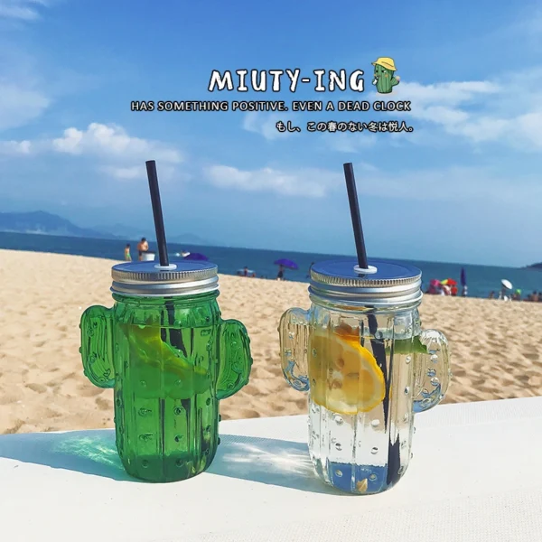 Cactus Shaped Glass Drinking Cup with Lid - Image 5