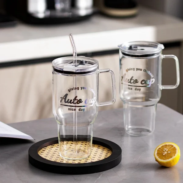 Reusable 25 oz glass water bottle with handle