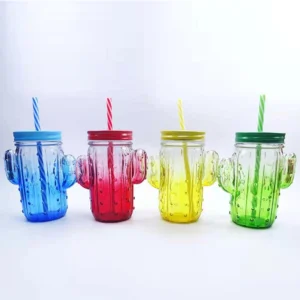 Cactus Shaped Glass Drinking Cup with Lid