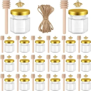 50ML Hexagon Glass Favor Jars with Wooden Dipper