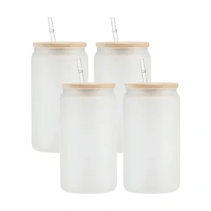 glass cola cup with bamboo lid and straw