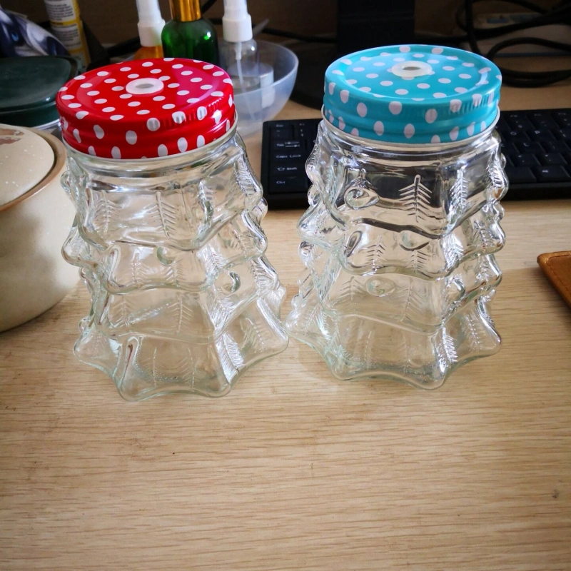 Glass Beverage Bottle Christmas Tree Shape Mason Jar With Tin Lid And Plastic Straw 4 Glass Beverage Bottle Christmas Tree Shape Mason Jar With Tin Lid And Plastic Straw - Image 4