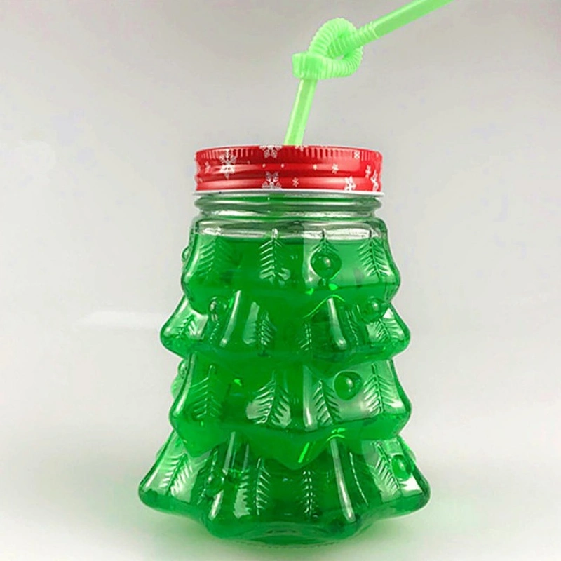 Glass Beverage Bottle Christmas Tree Shape Mason Jar With Tin Lid And Plastic Straw 5 Glass Beverage Bottle Christmas Tree Shape Mason Jar With Tin Lid And Plastic Straw - Image 5