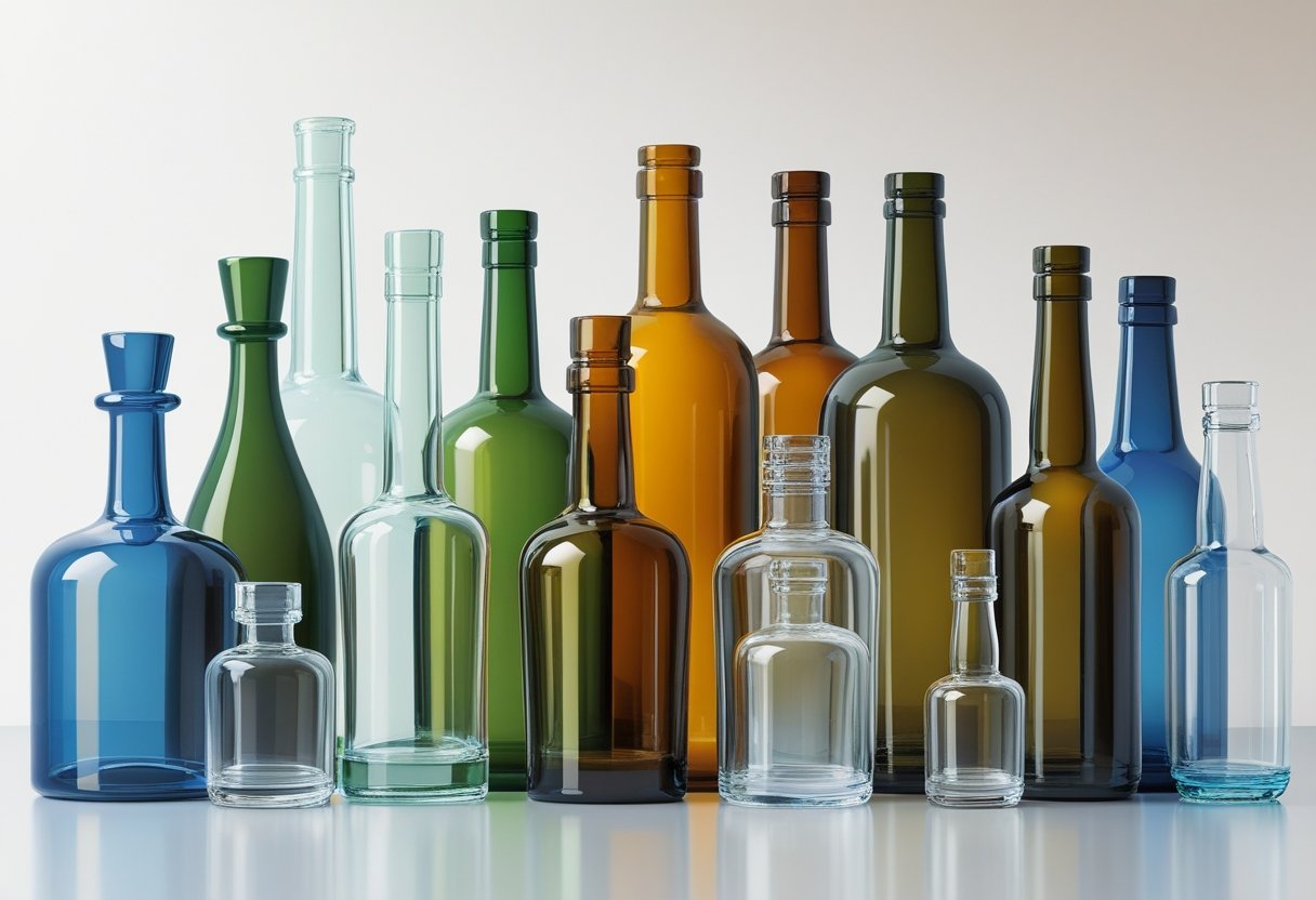 An arrangement of various glass bottles of different shapes, sizes, and colors displayed on a neutral background.