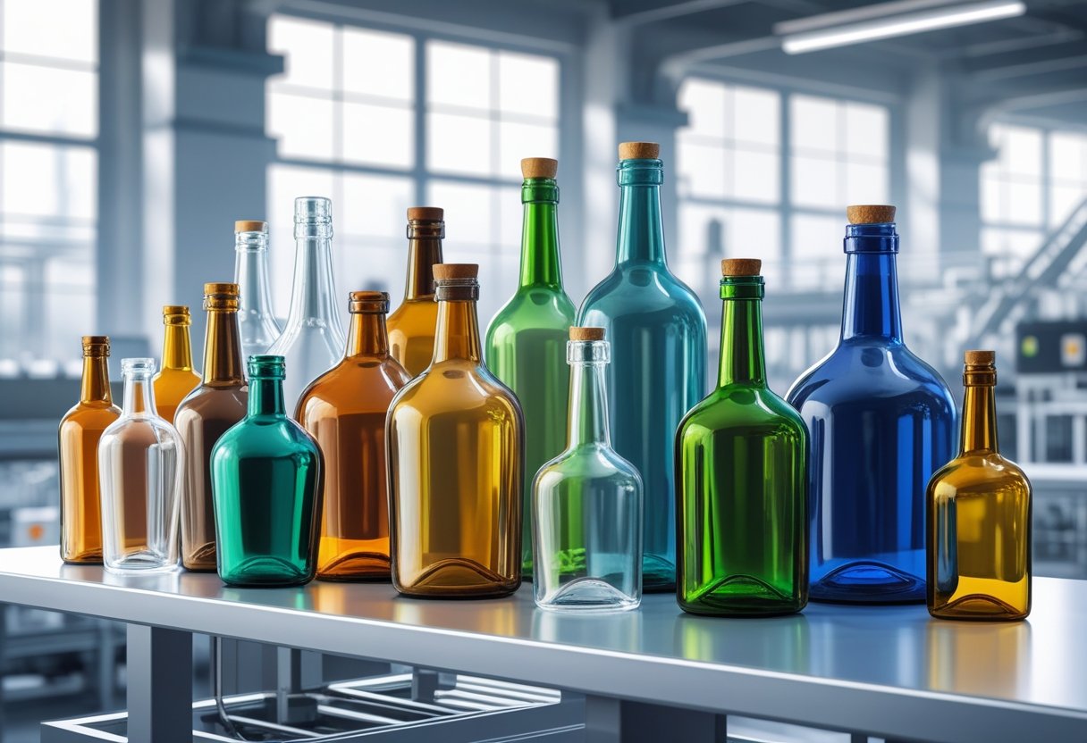 An assortment of various glass bottles in different shapes and colors displayed on shelves inside a glass bottle manufacturing facility.