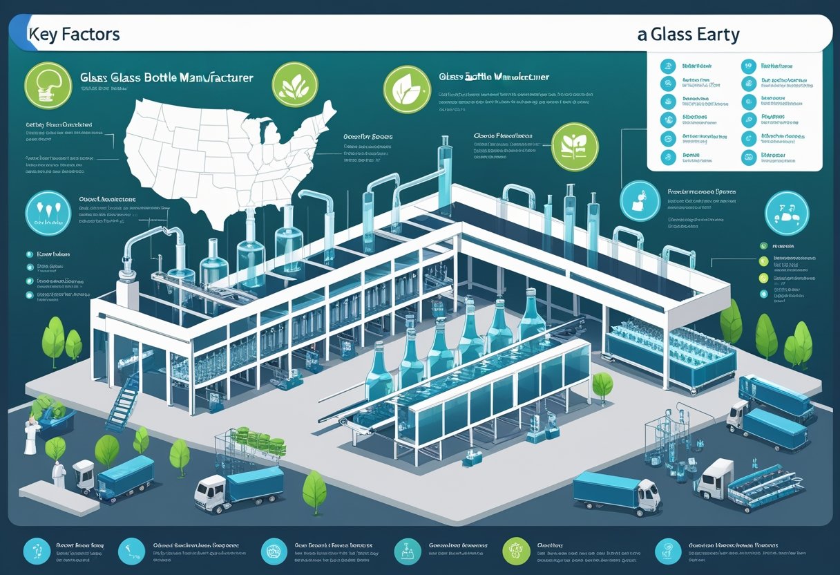 An illustration showing a glass bottle manufacturing factory with production lines, workers inspecting bottles, delivery trucks, and a USA map highlighting manufacturer locations.