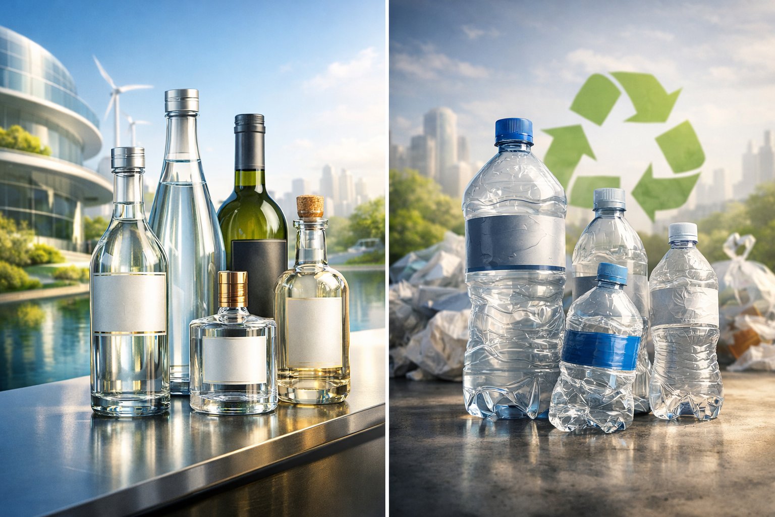 Glass vs Plastic Bottles 2026: Why 89% of Premium Brands Are Switching Back 1 A scene showing elegant glass bottles on one side and plastic bottles on the other, set against a clean background with greenery and recycling symbols, illustrating a shift toward glass bottles.