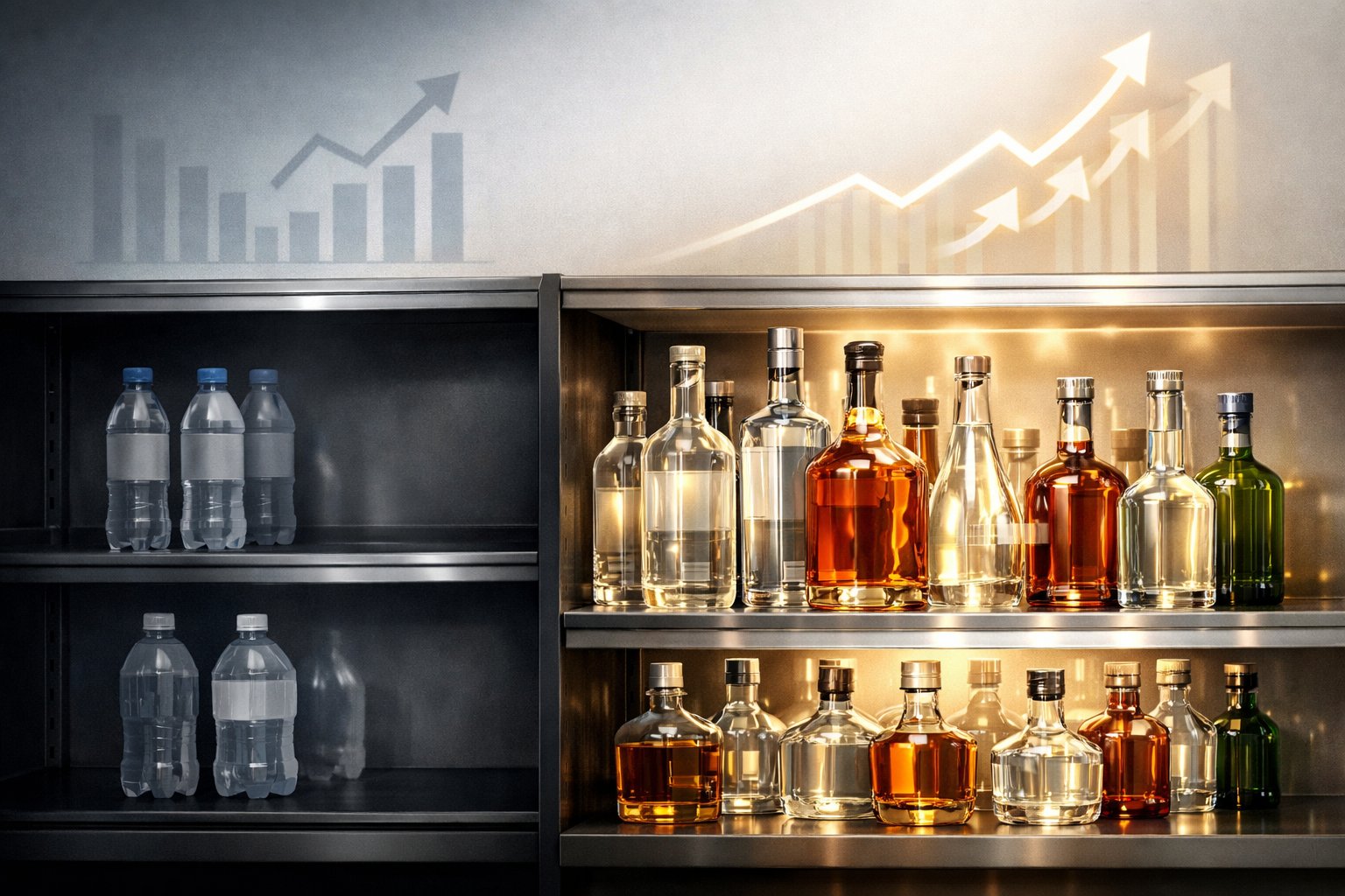 Glass vs Plastic Bottles 2026: Why 89% of Premium Brands Are Switching Back 2 A store shelf displaying mostly glass bottles with a few plastic bottles, highlighting a shift towards glass packaging in premium beverages.