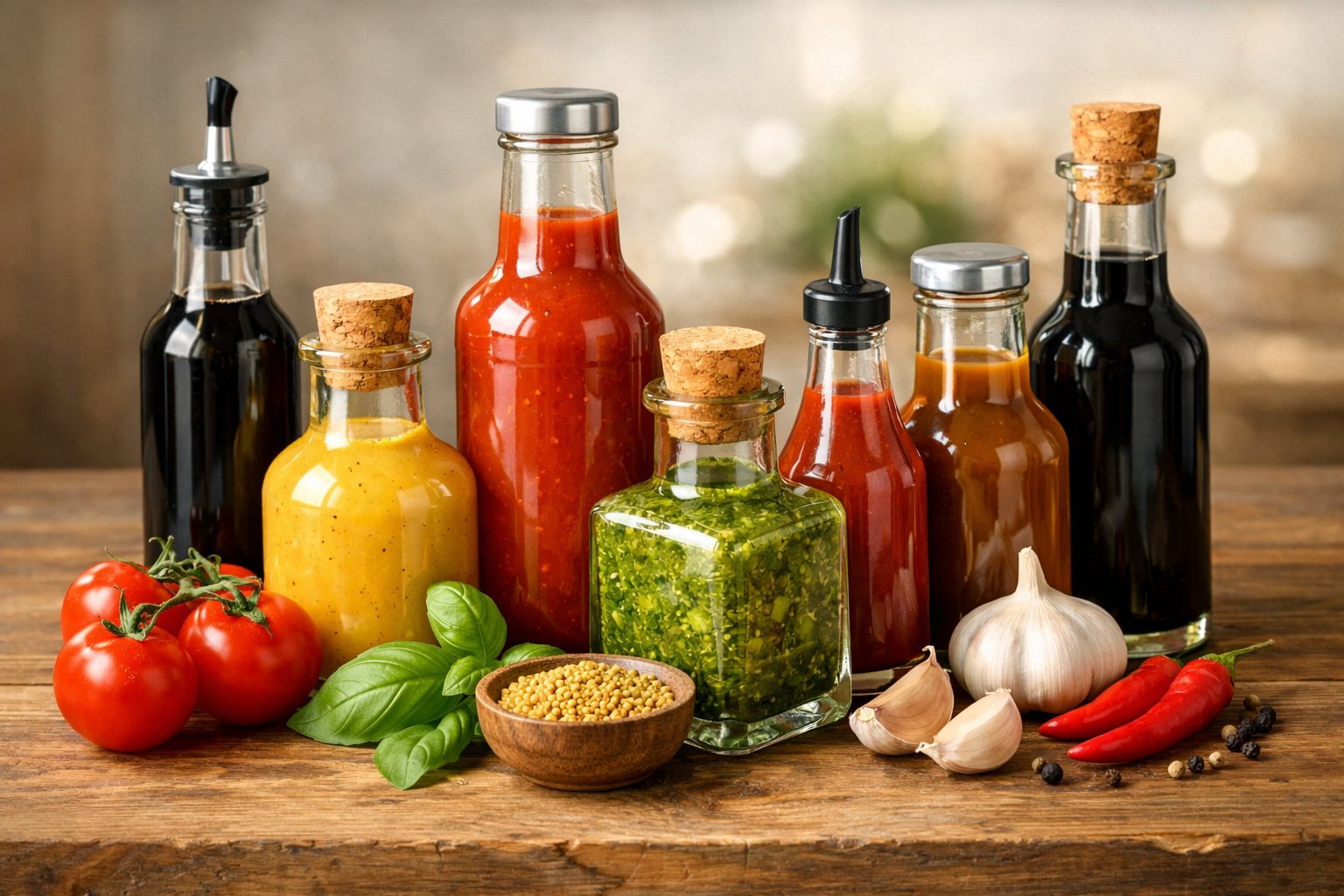 A variety of glass sauce bottles with different sauces and fresh ingredients arranged on a wooden surface.