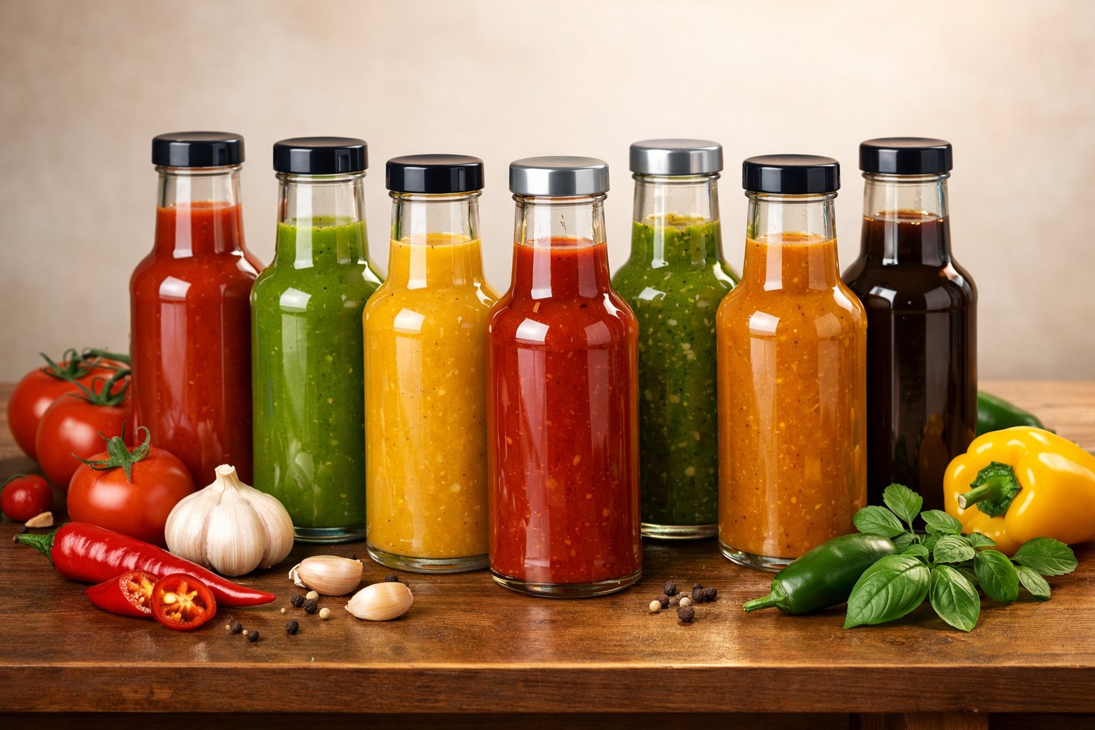 A variety of glass sauce bottles filled with colorful sauces on a wooden table surrounded by fresh ingredients like tomatoes, peppers, garlic, and herbs.