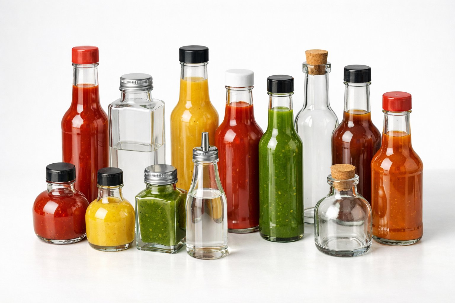 A variety of glass sauce bottles of different shapes and sizes arranged neatly on a white surface.