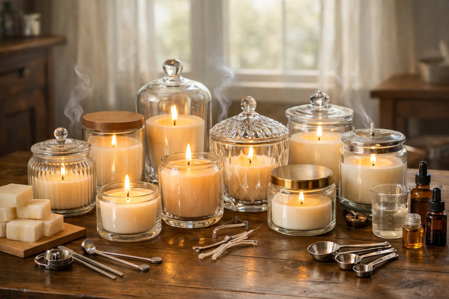 A workspace with various glass candle jars, some lit, surrounded by candle-making tools on a wooden table.
