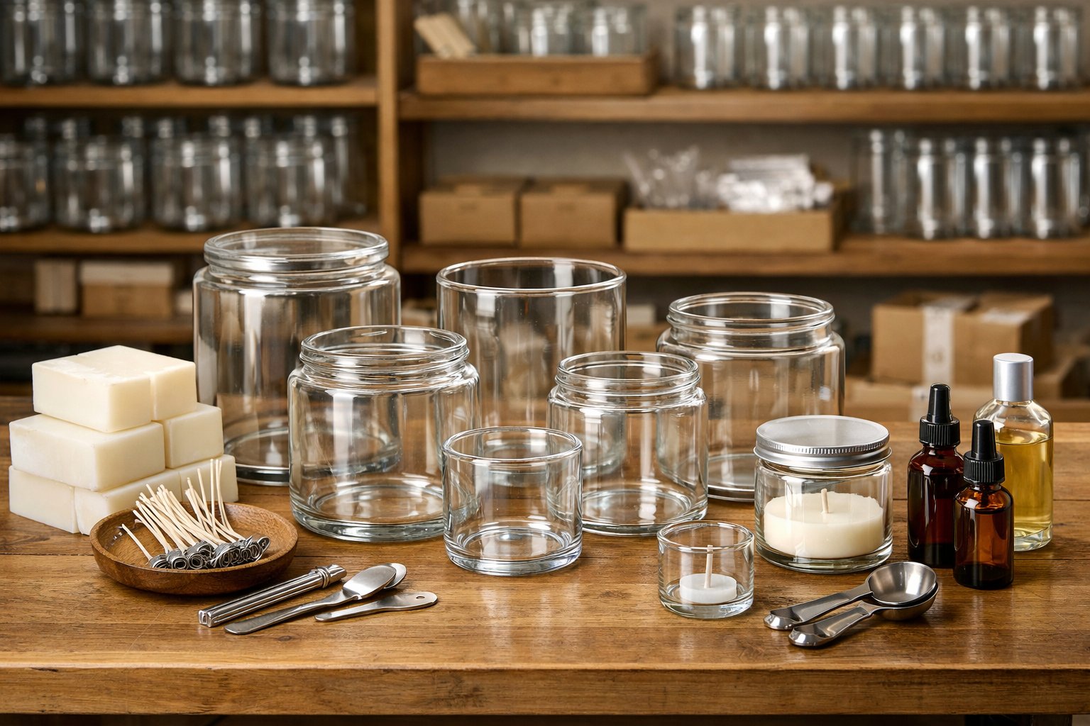 A workshop table with various glass candle jars, candle-making tools, and shelves filled with more jars and supplies.
