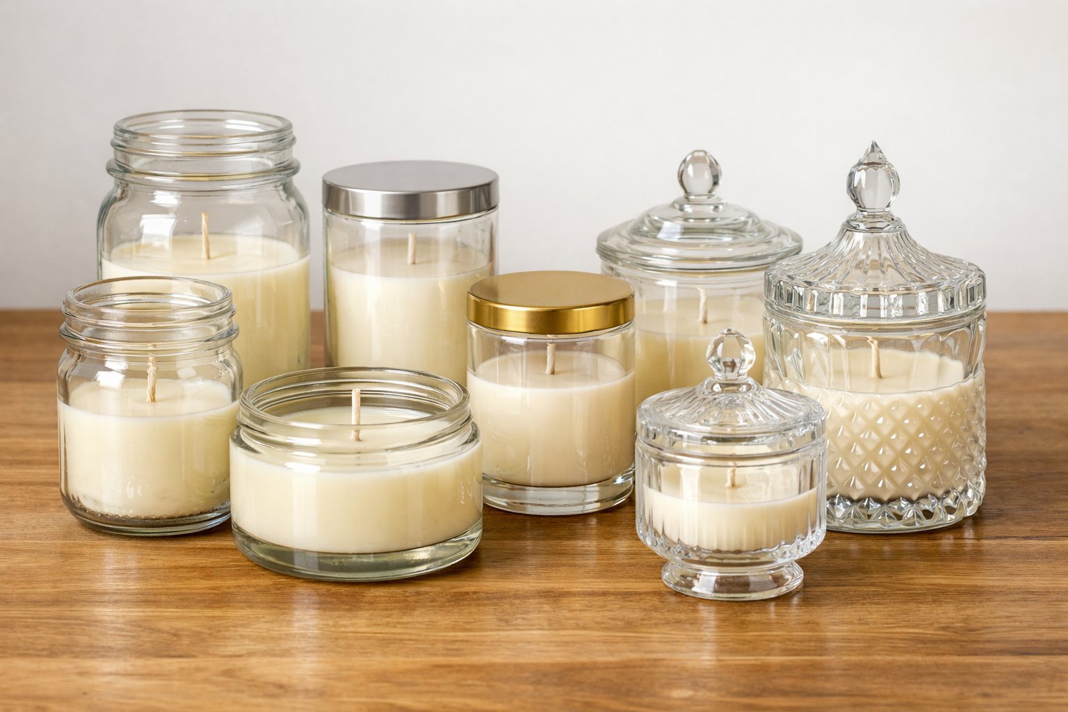 A variety of glass candle jars displayed on a wooden surface, each containing wax and wicks.