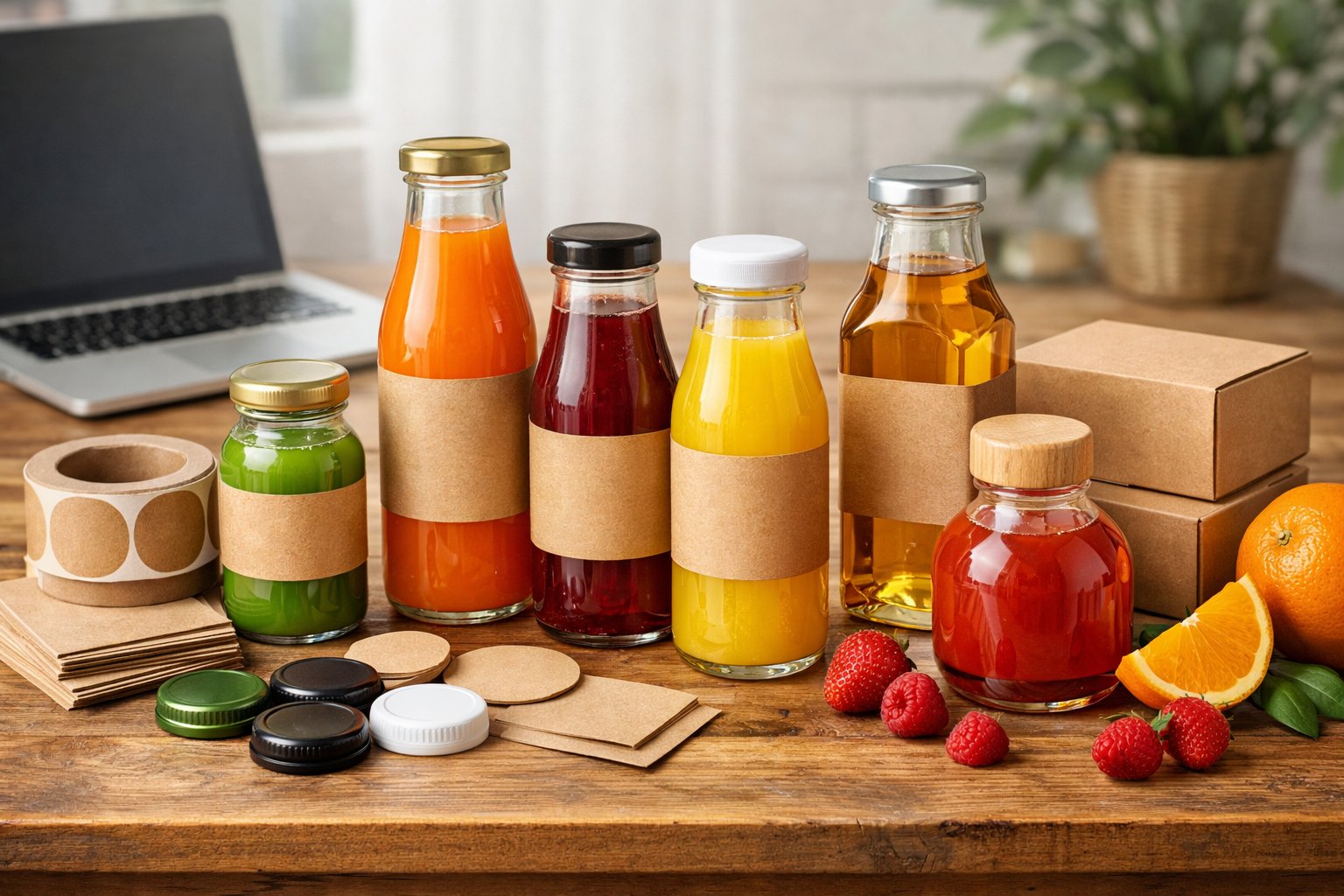 A variety of colorful juice glass bottles on a wooden table with packaging materials and fresh fruit in a small business workspace.