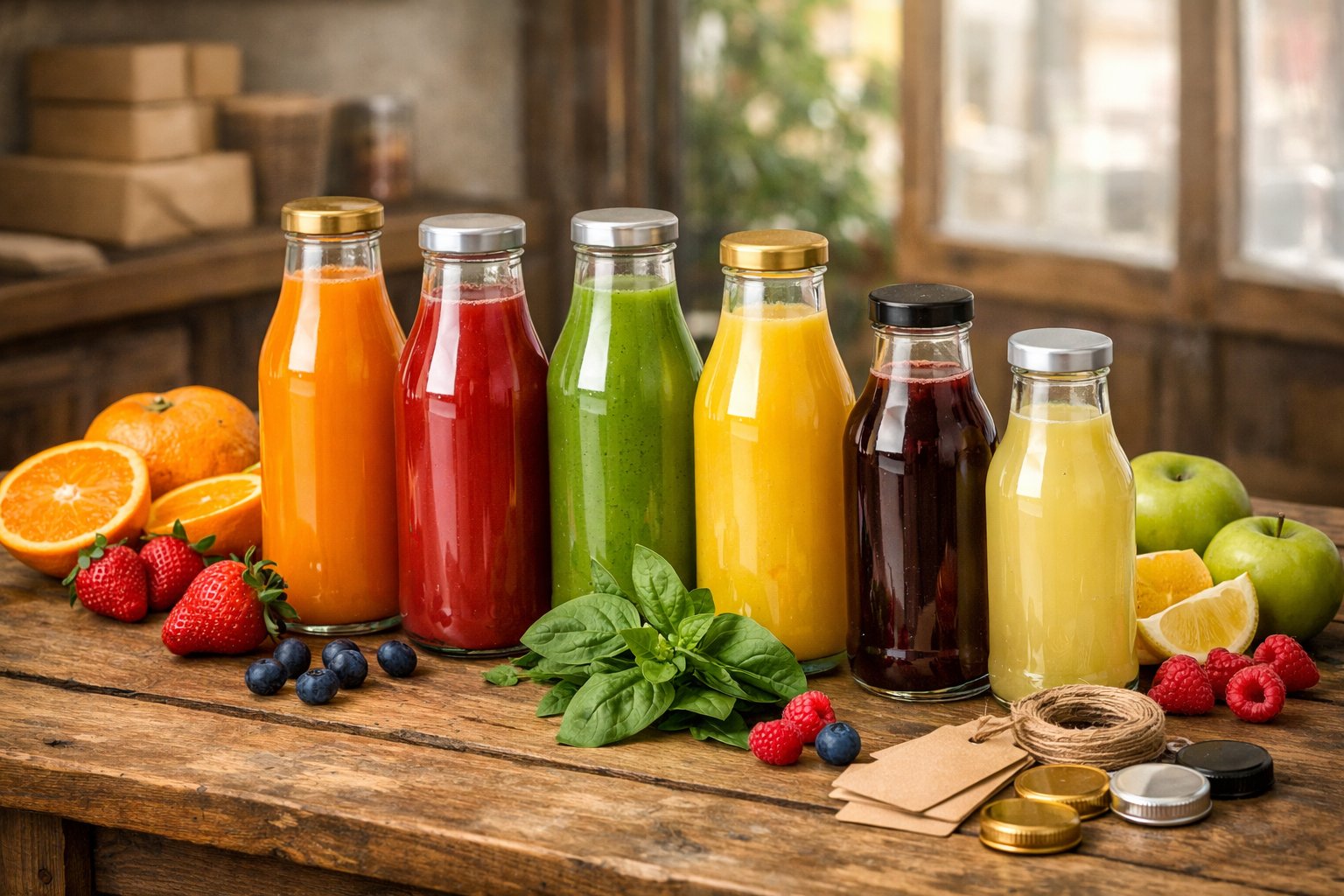 A collection of colorful glass juice bottles on a wooden table surrounded by fresh fruits and natural ingredients, with a small business setting in the background.