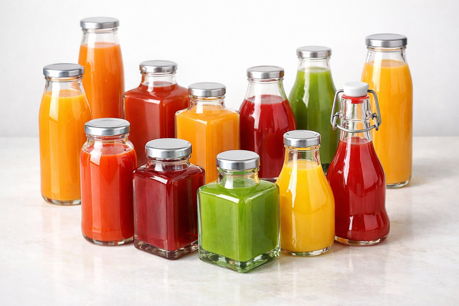 An assortment of various juice glass bottles in different shapes and sizes arranged on a light surface.