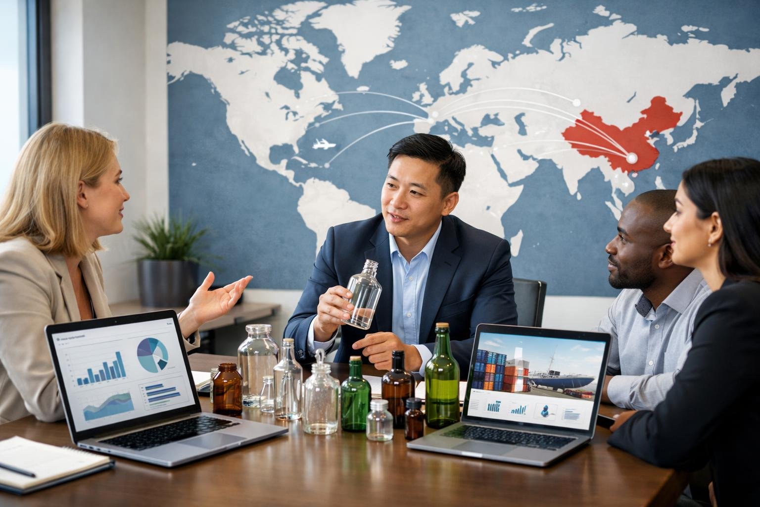 Business professionals examining glass bottle samples and discussing sourcing in an office with a world map in the background.
