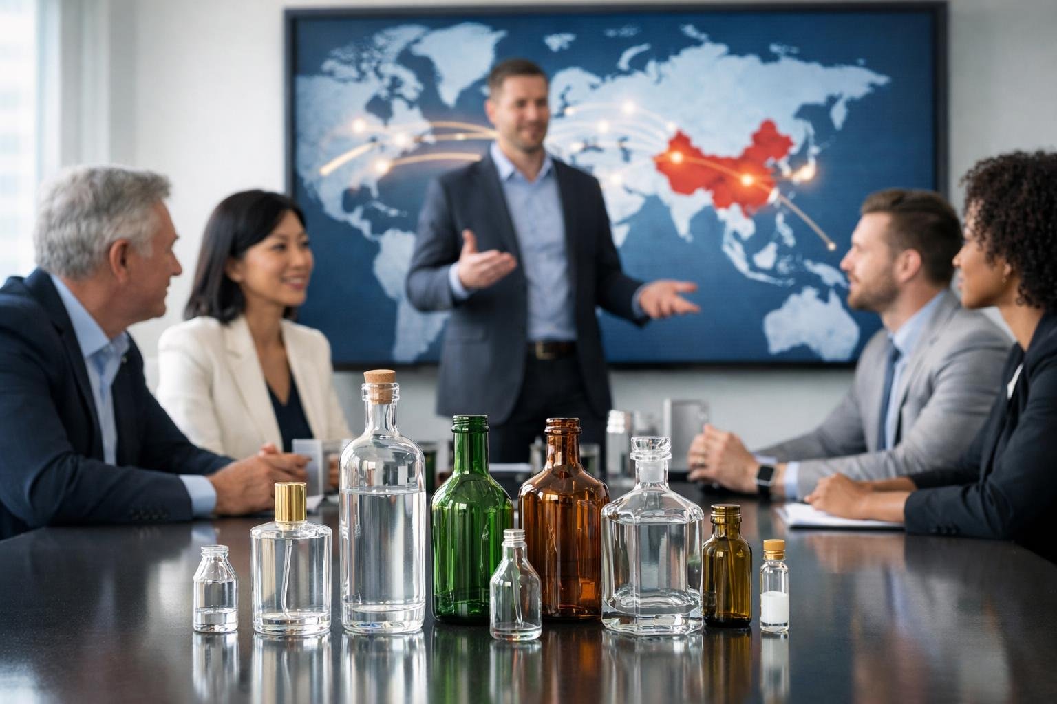 Business professionals discussing glass bottles around a conference table with a map of China in the background.