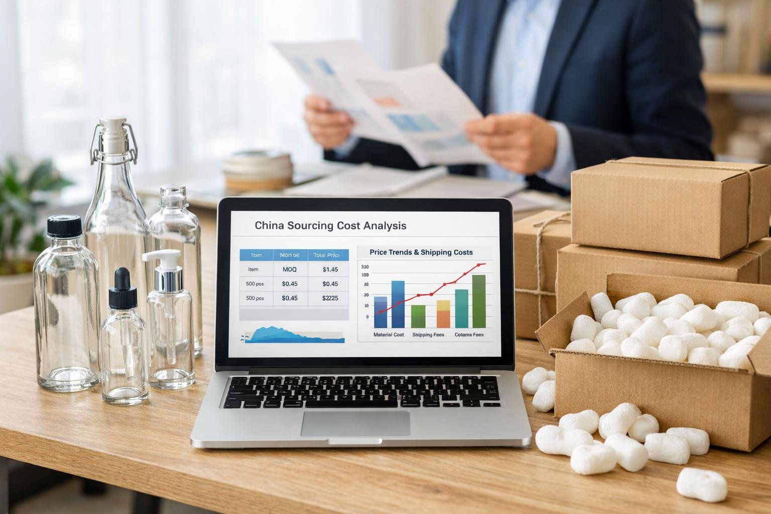 A workspace with glass bottles, eco-friendly packaging, a laptop showing charts, and a person reviewing documents.