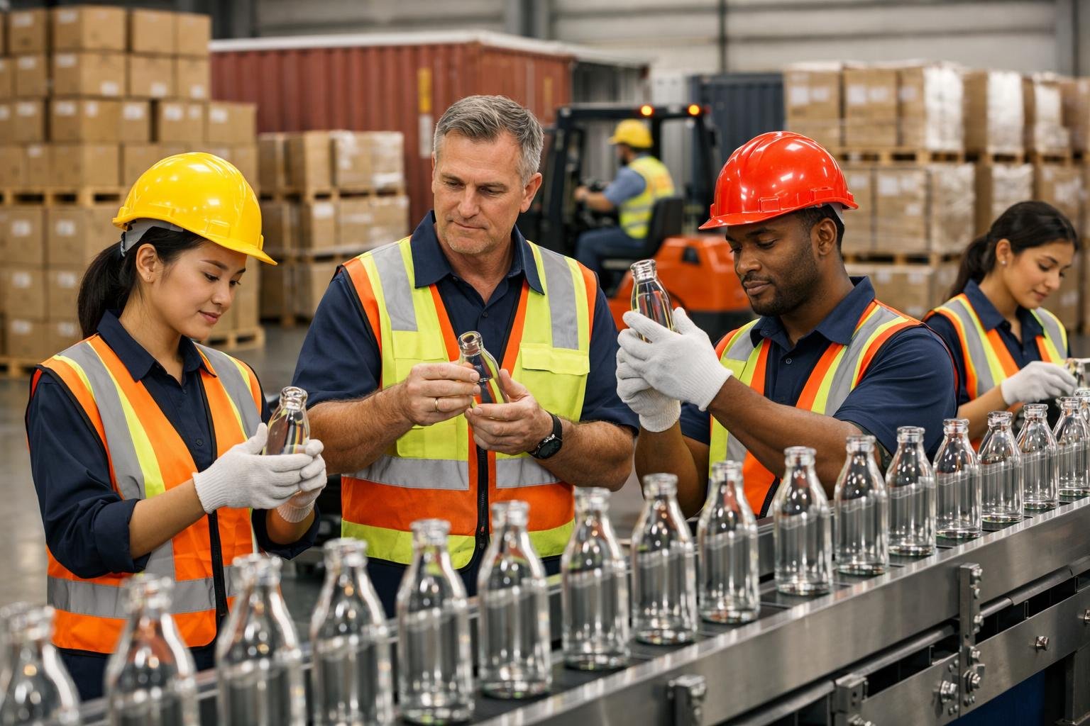 Workers inspecting glass bottles on a conveyor belt inside a warehouse with stacked boxes and shipping containers in the background.