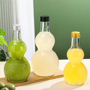 Embossed Gourd Shaped Glass Bottle with Screw Cap Leakproof Sealed Juice Drink Beverage Glass Bottle