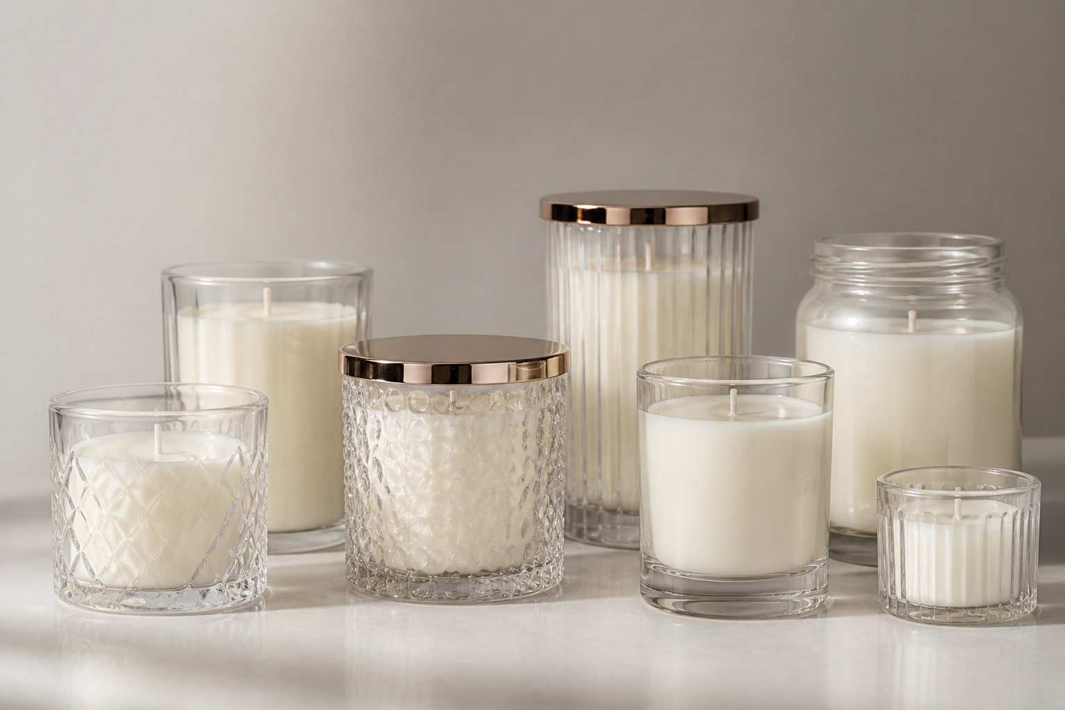 The Ultimate Guide to Glass Candle Jars: Safety, Trends, and Branding 2 A collection of clear glass candle jars of different shapes and sizes arranged on a smooth surface with soft lighting.