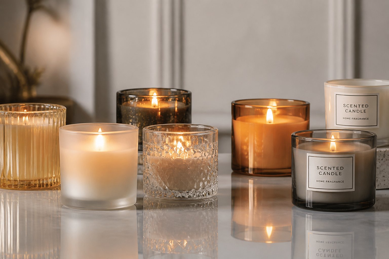 The Ultimate Guide to Glass Candle Jars: Safety, Trends, and Branding 3 An arrangement of different glass candle jars with various finishes displayed on a reflective surface.