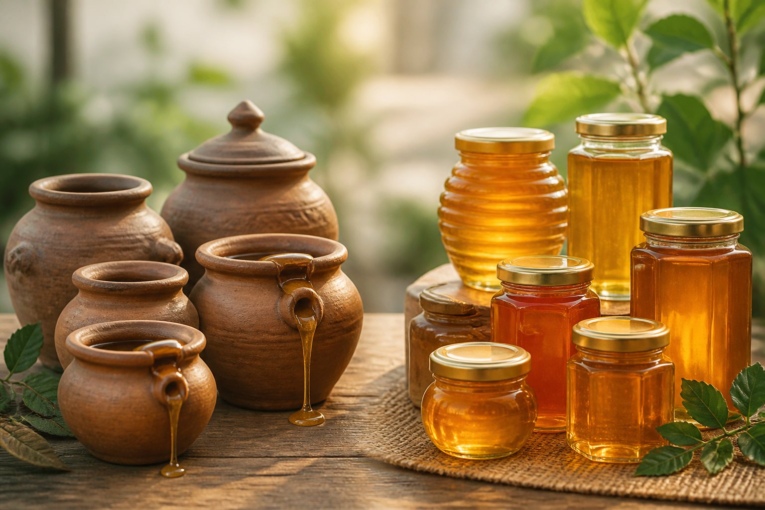 A display of traditional clay honey pots next to modern glass honey jars filled with golden honey on a wooden surface.