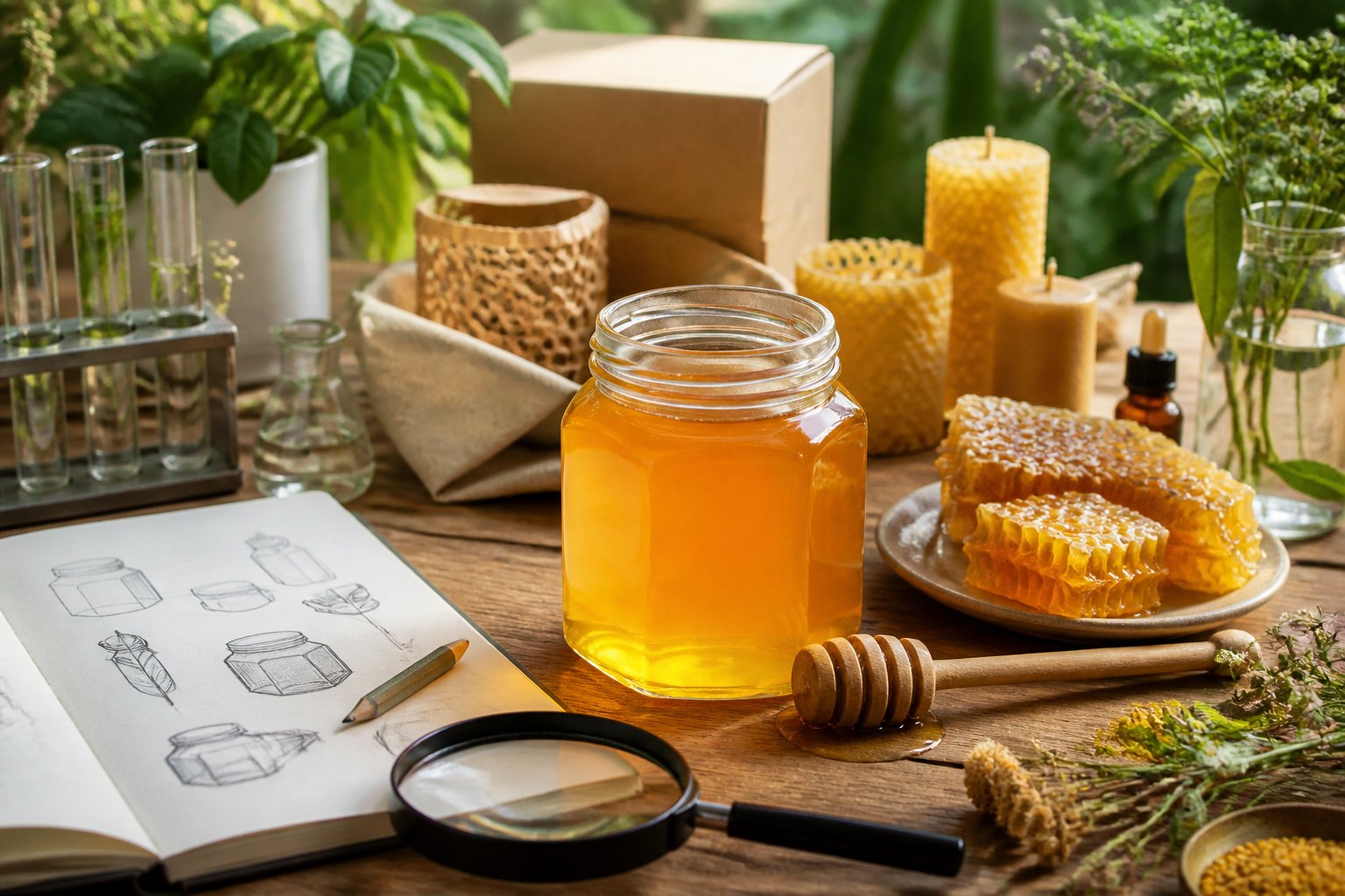 A clear glass honey jar filled with honey on a wooden table surrounded by honeycomb pieces, a honey dipper, beeswax candles, scientific tools, design sketches, and green plants.
