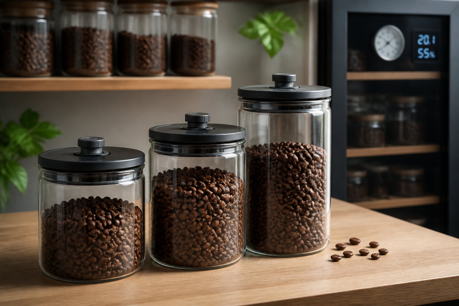 Clear glass jars filled with coffee beans on a wooden surface, each jar having a degassing valve on the lid, with coffee storage devices in the background.