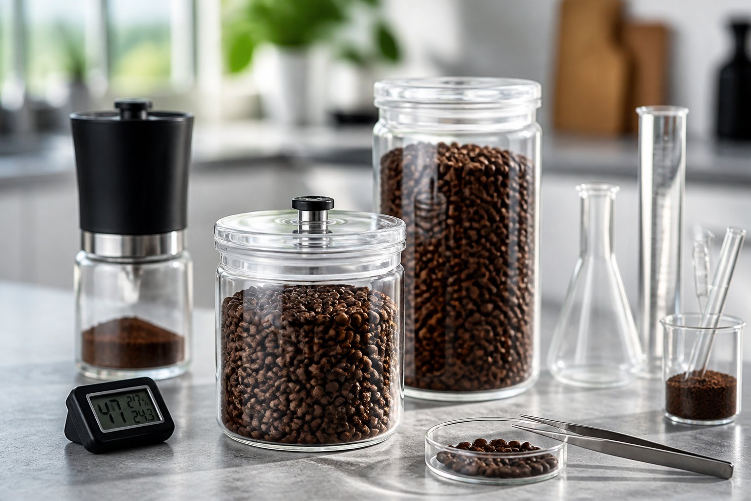 Clear glass jars filled with coffee beans on a kitchen counter, one jar has a small valve on the lid, surrounded by coffee-related tools and glassware.