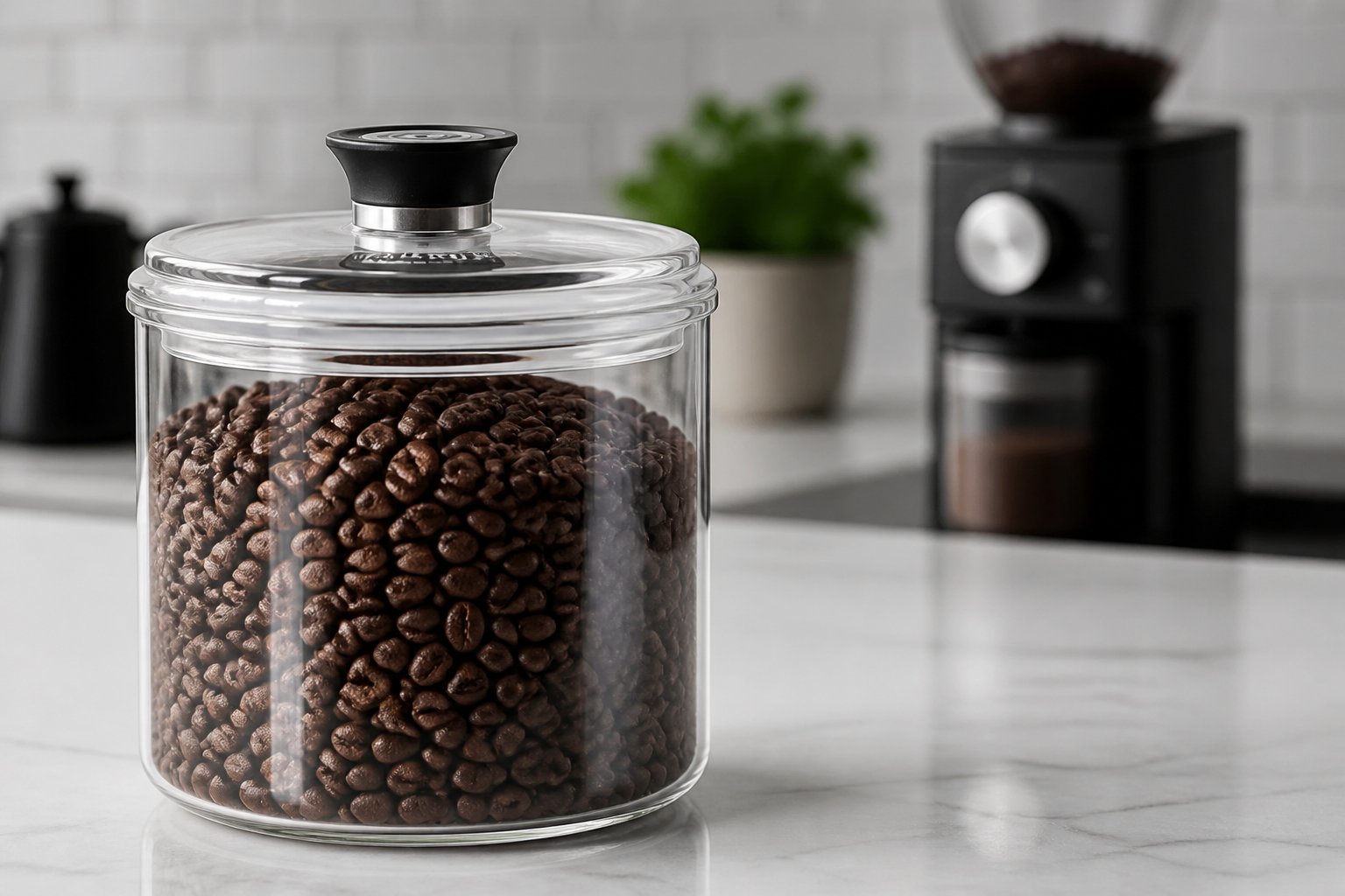 A clear glass jar filled with coffee beans on a kitchen countertop with a degassing valve on the lid.