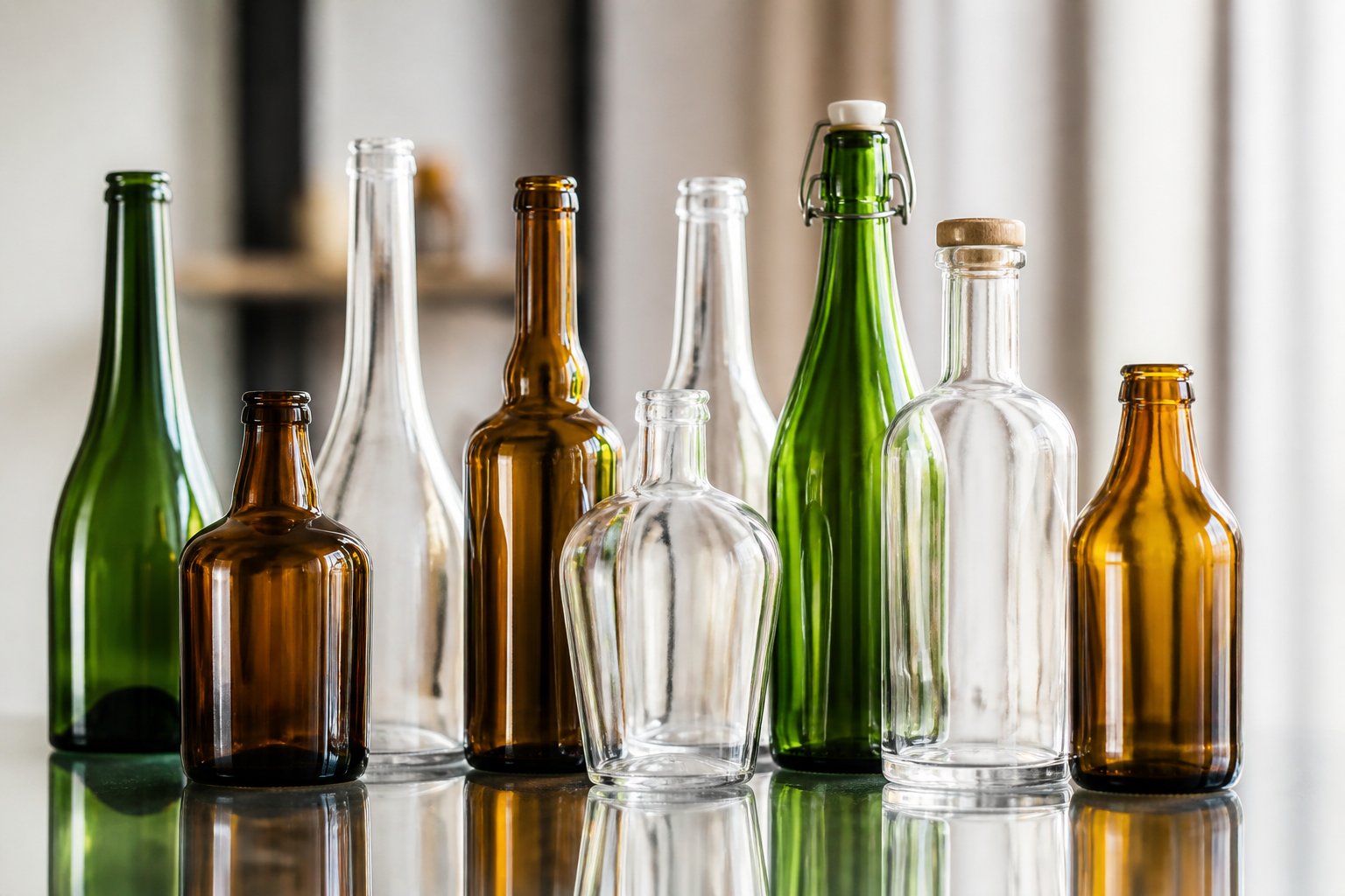 An arrangement of various clear, amber, and green glass beverage bottles on a reflective surface with soft lighting.