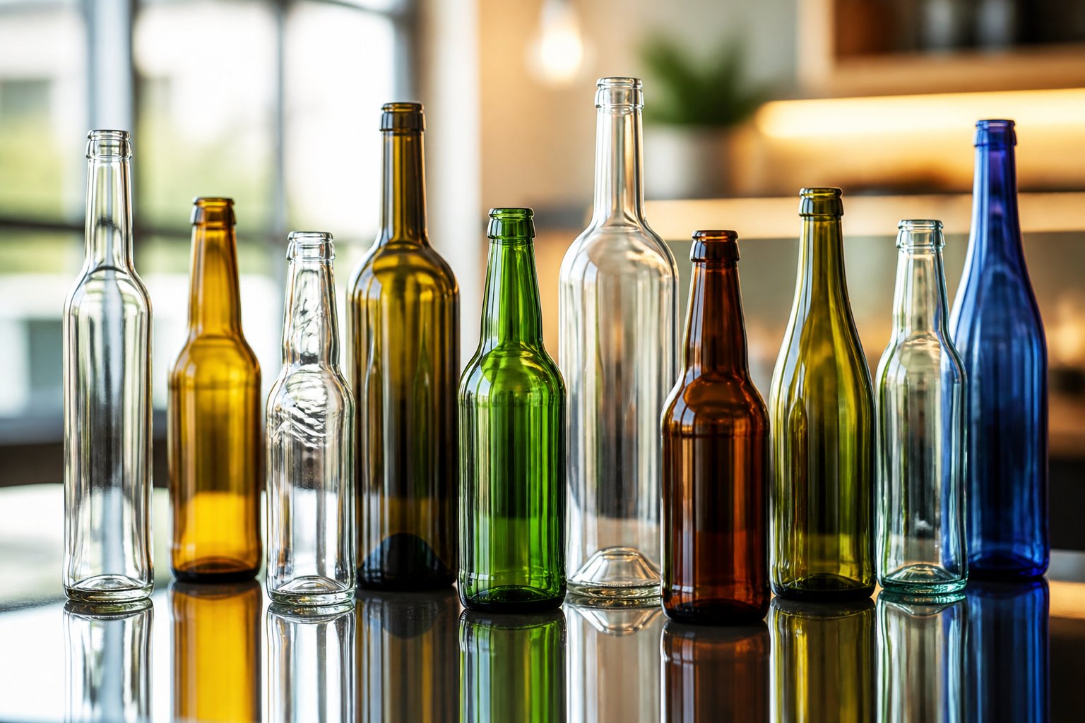 A collection of various glass beverage bottles of different shapes and colors arranged on a reflective surface with soft lighting.